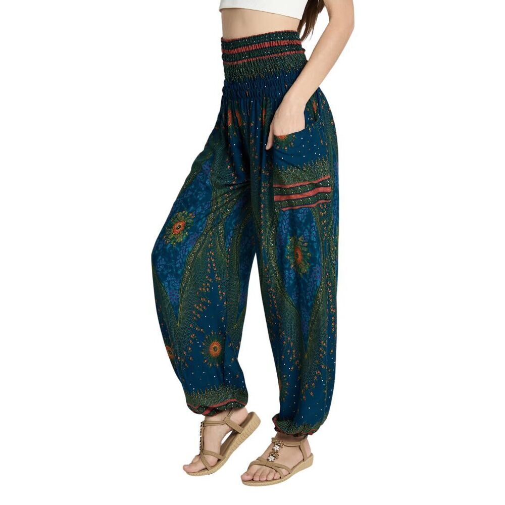 Boho Harem Yoga Pants Women XL Teal Feather High-Waisted
